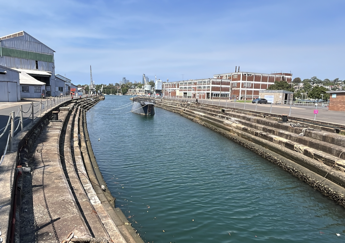 Cockatoo Island in 2025. The dockyard workers were shipped over to the main harbour to work on Queen Mary as she was too large to fit under the Sydney Harbour Bridge.